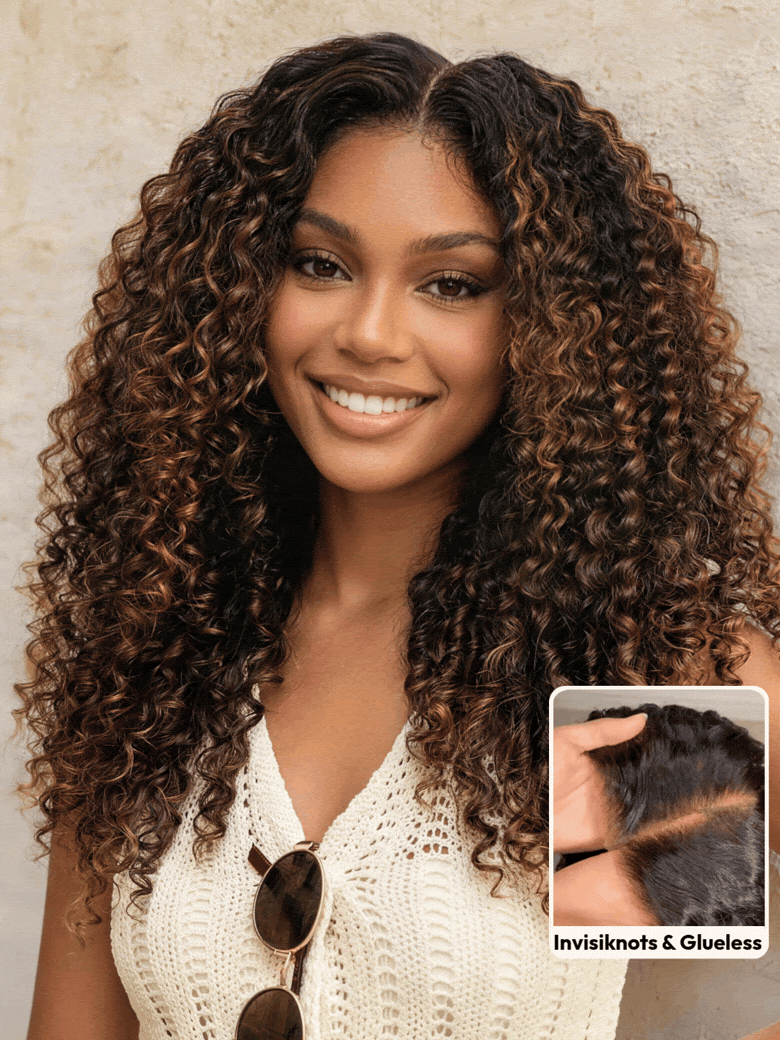 Lana & Jade Hairs Kinky Curly Wig — Black Lace with Golden Chestnut Highlights
