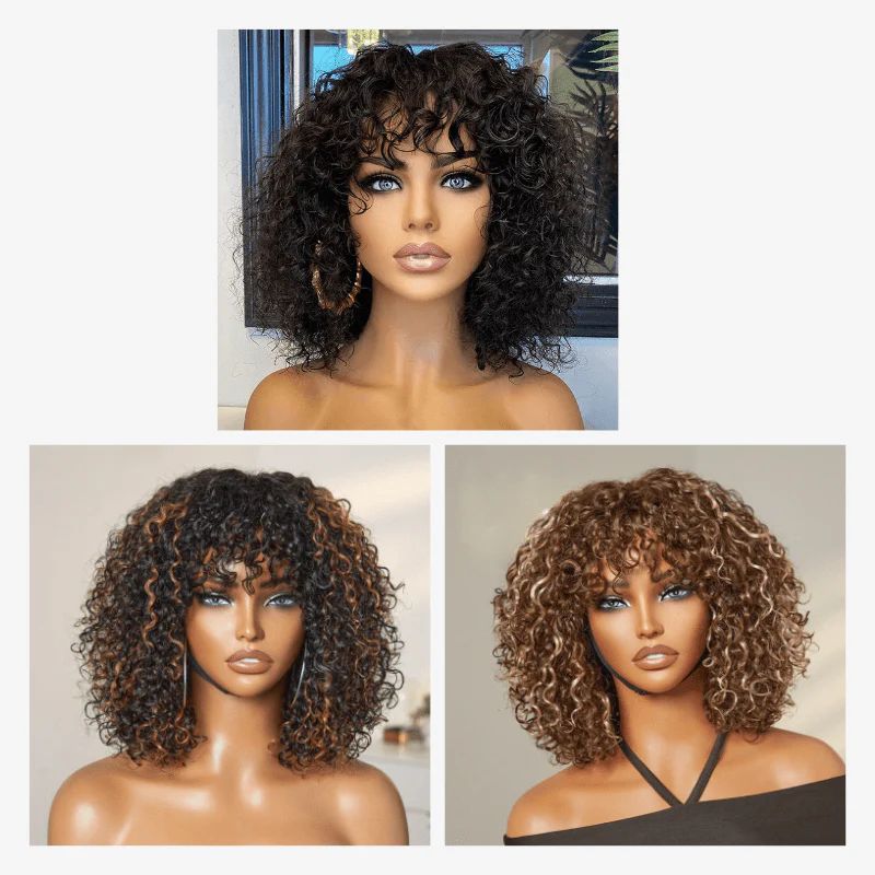 Short Water Wave Wig with Bangs Glueless - Natural Black - 12