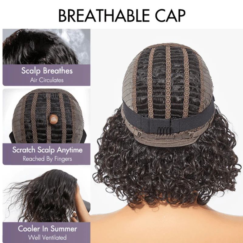 Short Water Wave Wig with Bangs Glueless - Natural Black - 12