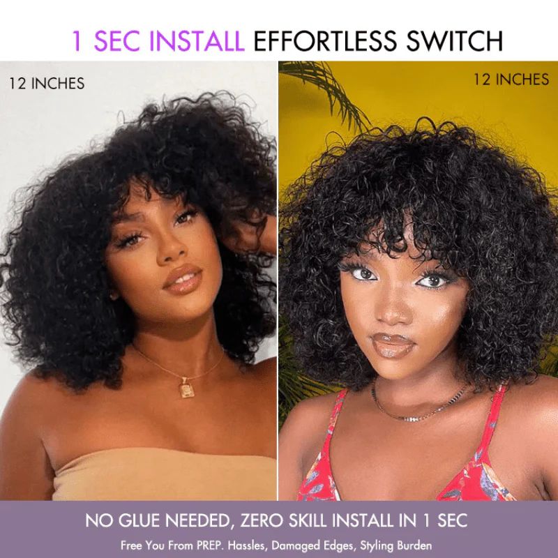 Short Water Wave Wig with Bangs Glueless - Natural Black - 12