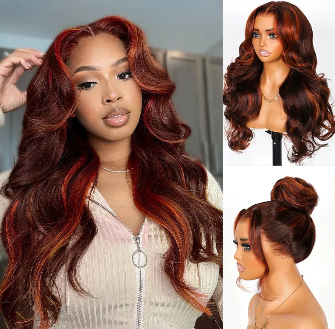 Salon Layer Cut Ginger Highlights On Brown Hair 360 Lace Frontal Invisi Strap Skin Lace Drawstring Snug Fit Body Wave Human Hair Wig - Lana&Jade Hairs