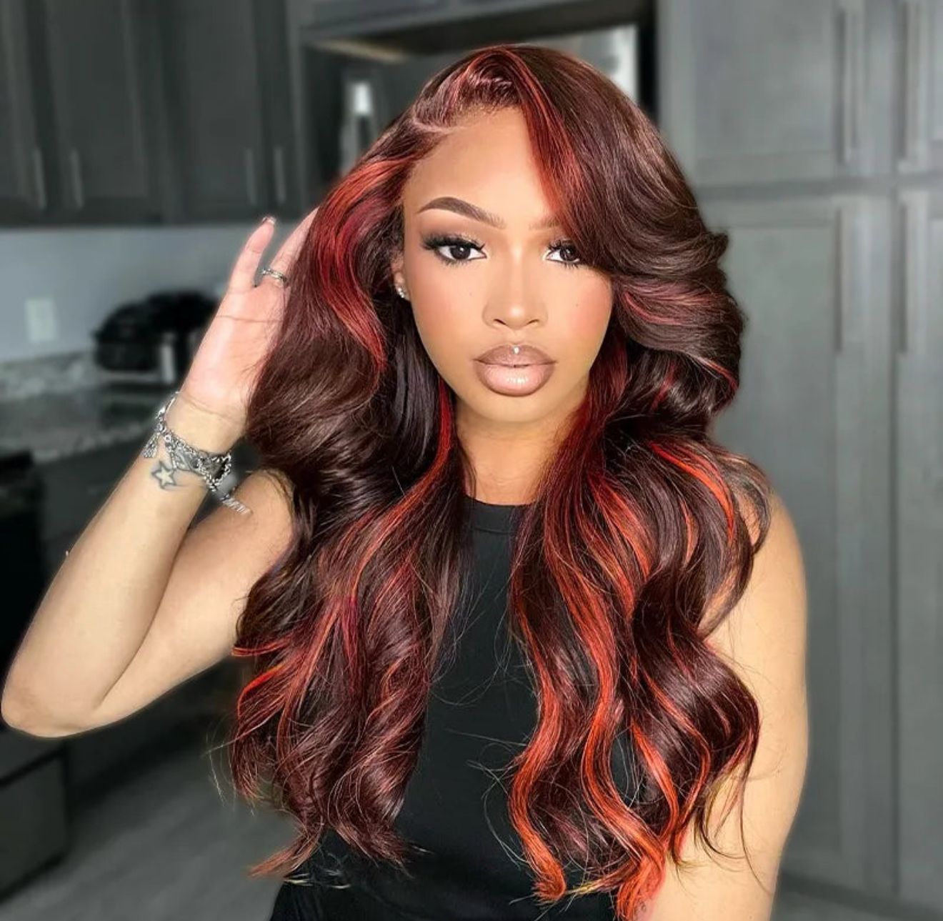 Salon Layer Cut Ginger Highlights On Brown Hair 360 Lace Frontal Invisi Strap Skin Lace Drawstring Snug Fit Body Wave Human Hair Wig - Lana&Jade Hairs