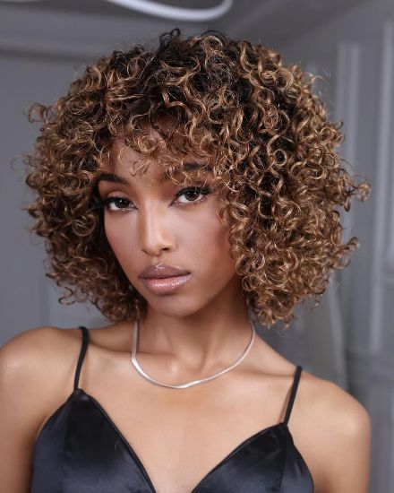 Short Curly Dark Blonde Ombre Brazilian Glueless Wig - Lana&Jade Hairs