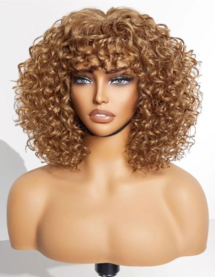 Short Curly Golden Blonde Wig With Bangs Glueless And Waves - Lana&Jade Hairs