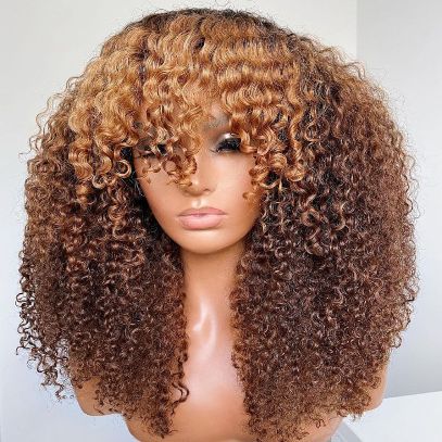Glueless Brown Curly Wig with Blonde Highlights and Bangs - Lana&Jade Hairs