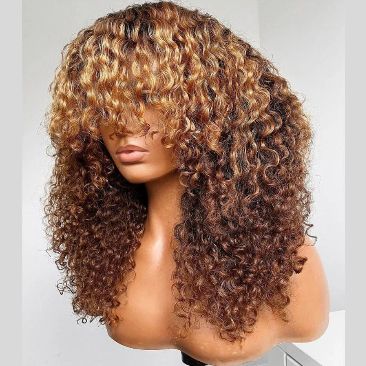 Glueless Brown Curly Wig with Blonde Highlights and Bangs - Lana&Jade Hairs