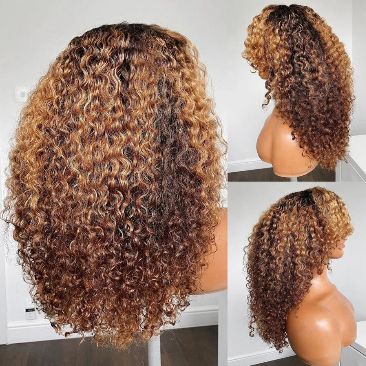 Glueless Brown Curly Wig with Blonde Highlights and Bangs - Lana&Jade Hairs