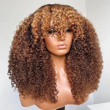 Glueless Brown Curly Wig with Blonde Highlights and Bangs - Lana&Jade Hairs