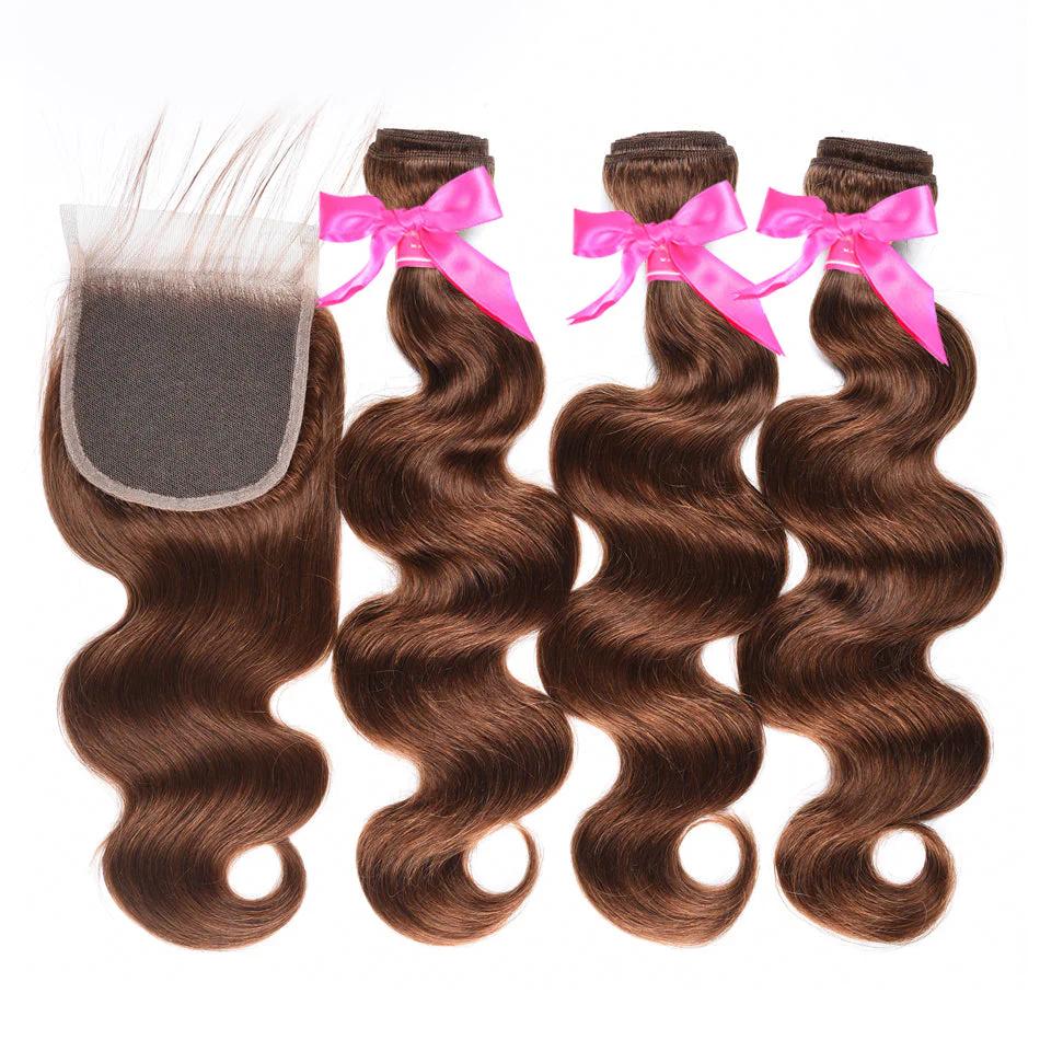 Light Brown Brazilian Body Wave Hair With Closure 3 Bundles With 4X4 Closure LACE CLOSURE DESIGN 4x4 Free Part Lace Closure With 3 Bundles - Lana&Jade Hairs