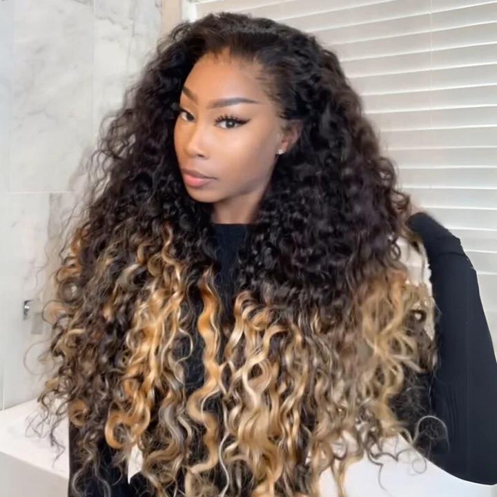 Two Tone Ombre Honey Blonde Glueless Curly Clear Transparent Lace Front Colored Wigs 100% Human Hair For Women - Lana&Jade Hairs