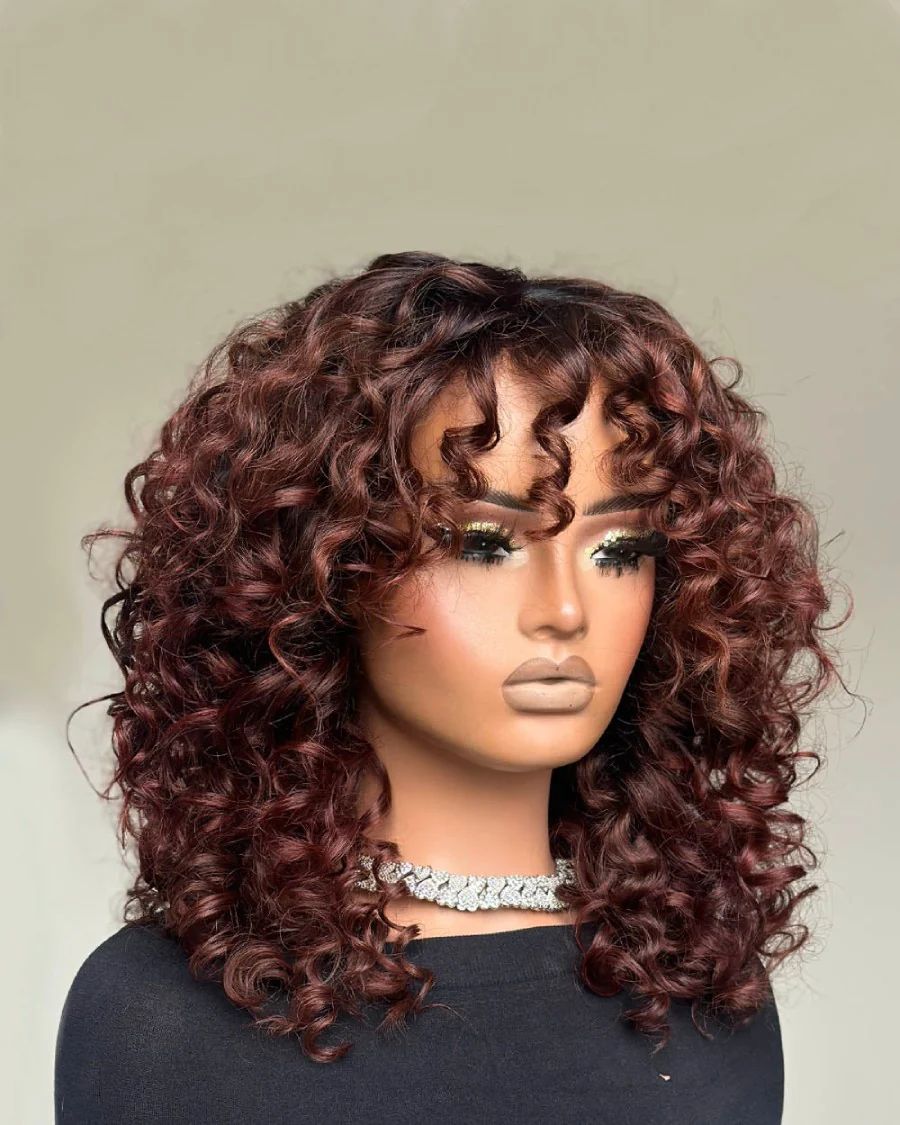 Ginger Brown Curly Ombre Laceless Wig with Bangs - Lana&Jade Hairs