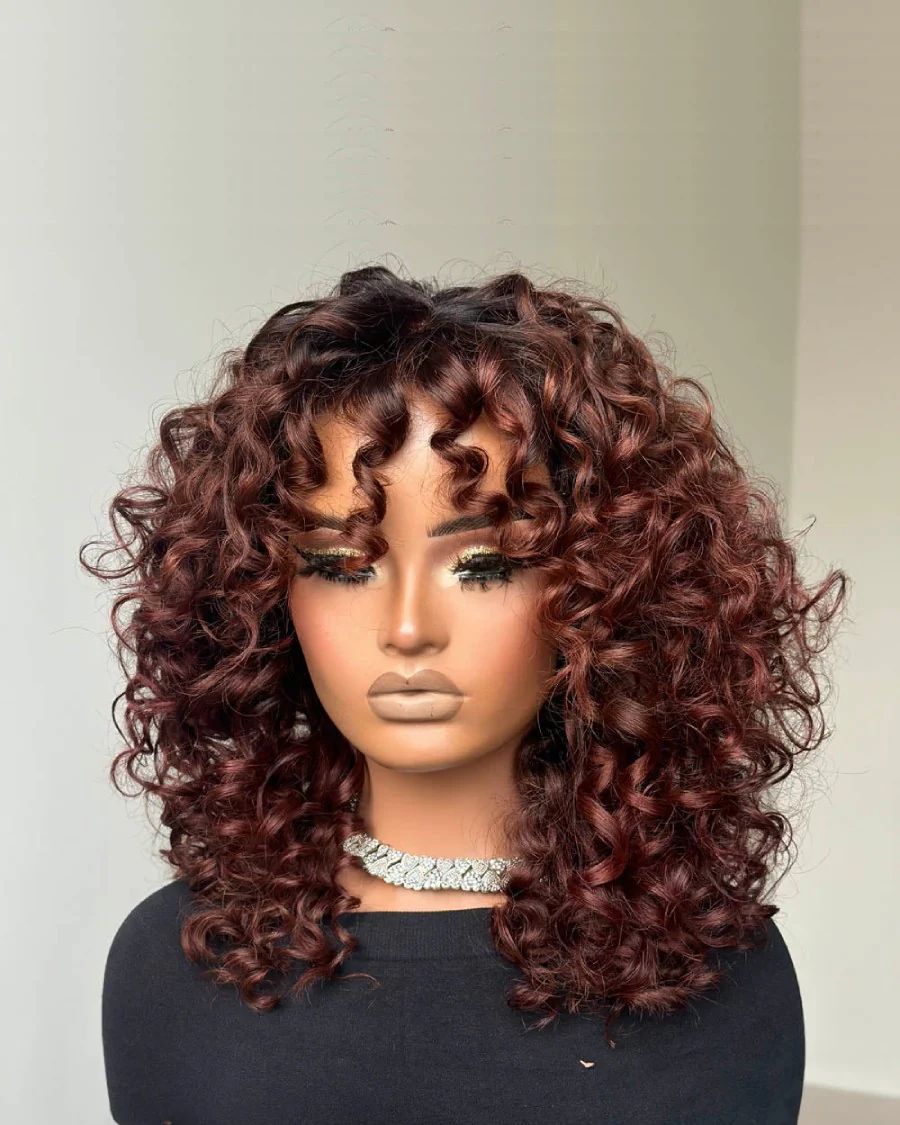 Ginger Brown Curly Ombre Laceless Wig with Bangs - Lana&Jade Hairs
