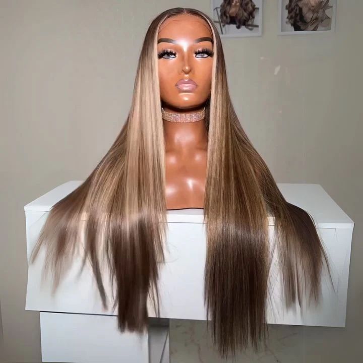 Highlights Light Blonde Mix Chocolate Brown Hair Dark Roots Full Density Glueless Closure/Front Colored Straight Wig - Lana&Jade Hairs