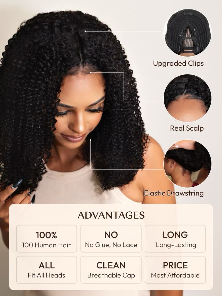Lana&Jade Hair EasiContour™ V Part Minimal Curly Glueless Wig with Invisible Drawstring 100% Human Hair, 150% Density