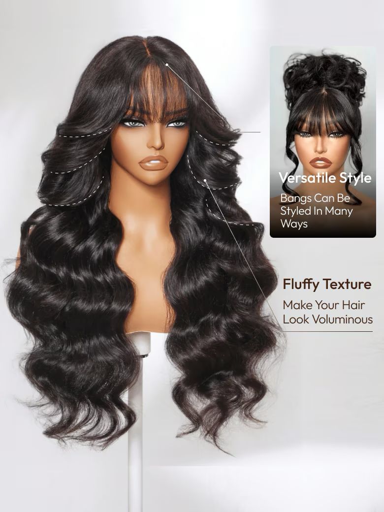 Natural Wavy Black Lace Front Wig with Curtain Bangs, 7x5 Bye-Bye Knots™ and 13x4 Pre-Everything - Lana&Jade Hairs