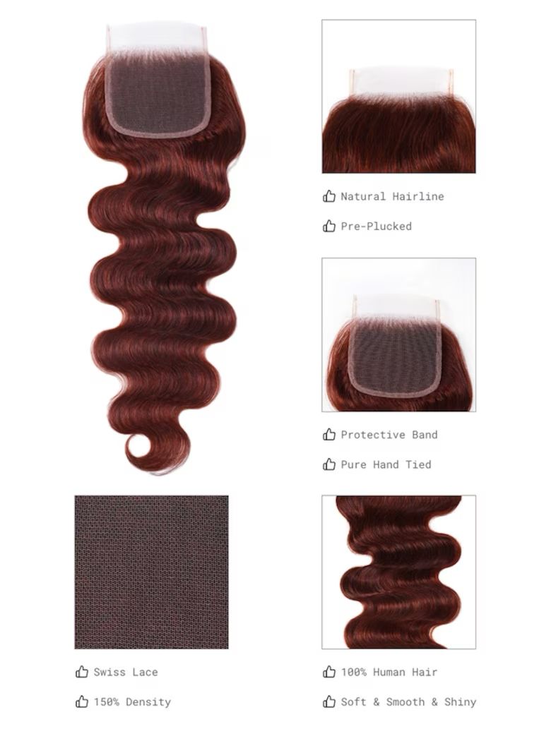 Lana Jade Hairs 33B Red Brown Body Wave 100% Human Hair 4x4 Free Part Closure