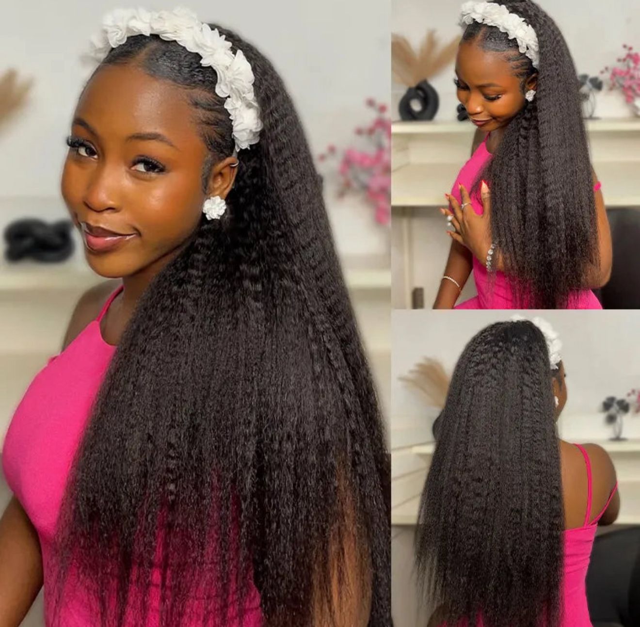Easy to wear kinky straight half wig with drawstring, comfortable fit, no glue needed - Lana&Jade Hairs