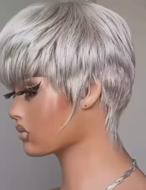 Ash Grey Pixie Cut Glueless Human Hair Wig With Bangs - Lana&Jade Hairs
