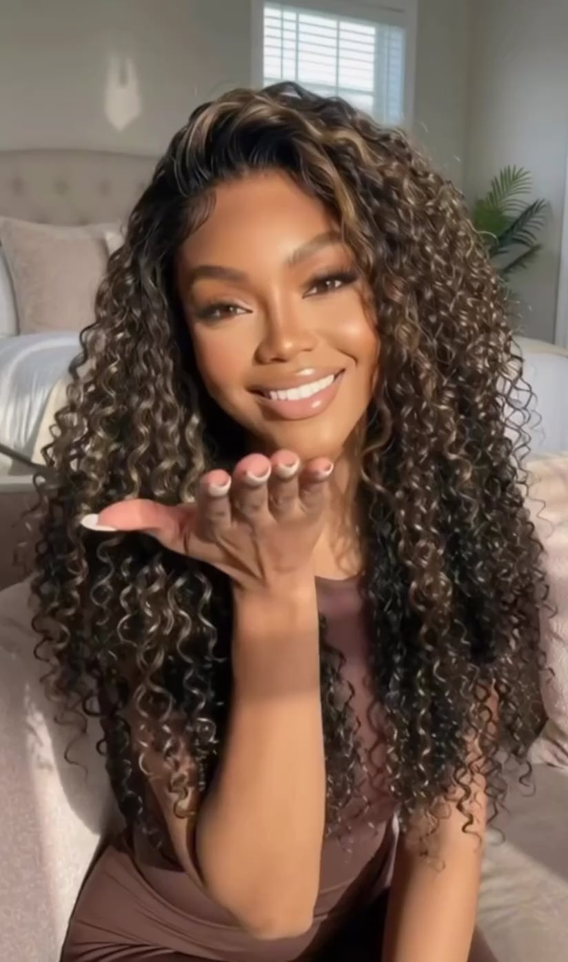Lana & Jade Hairs Kinky Curly Wig — Black Lace with Golden Chestnut Highlights