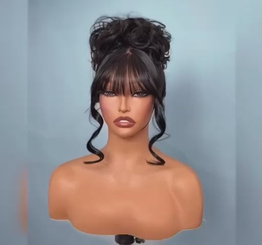 Glueless Black Loose Wave Closure C Part Lace Colord Wig with Bangs