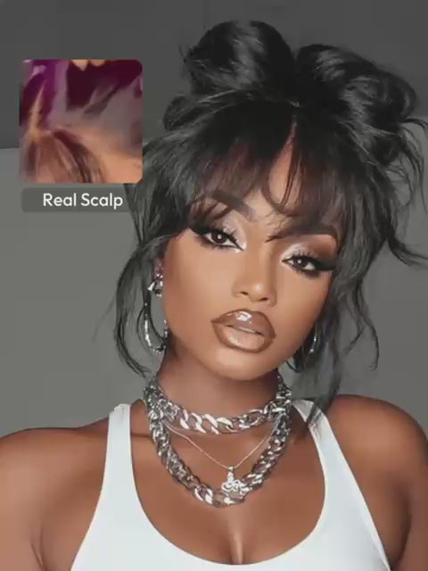 Natural Wavy Black Lace Front Wig with Curtain Bangs, 7x5 Bye-Bye Knots™ and 13x4 Pre-Everything - Lana&Jade Hairs