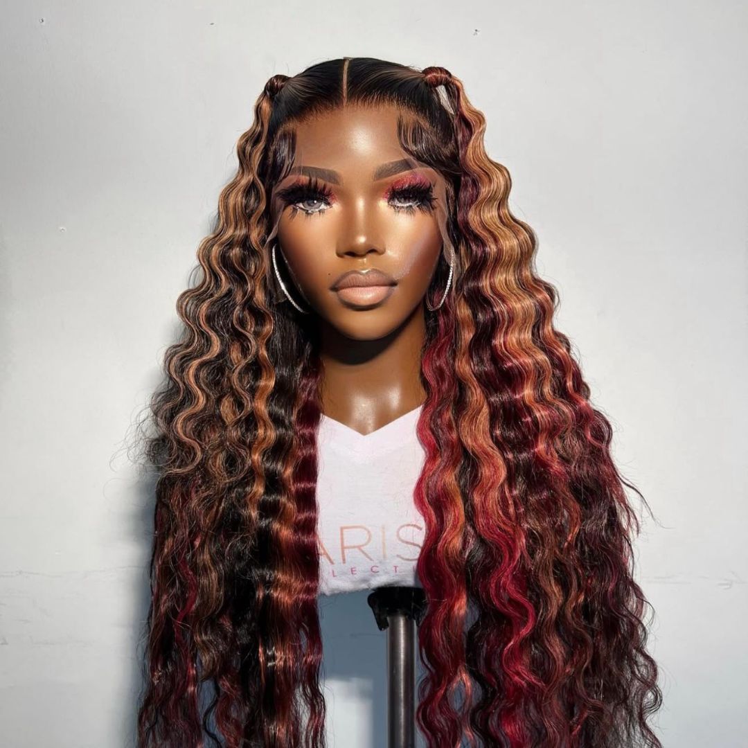 Two Tone Ombre Honey Red brown Glueless Curly Clear Transparent Lace Front Colored Wigs 100% Lana Jade Hairs For Women - Lana&Jade Hairs