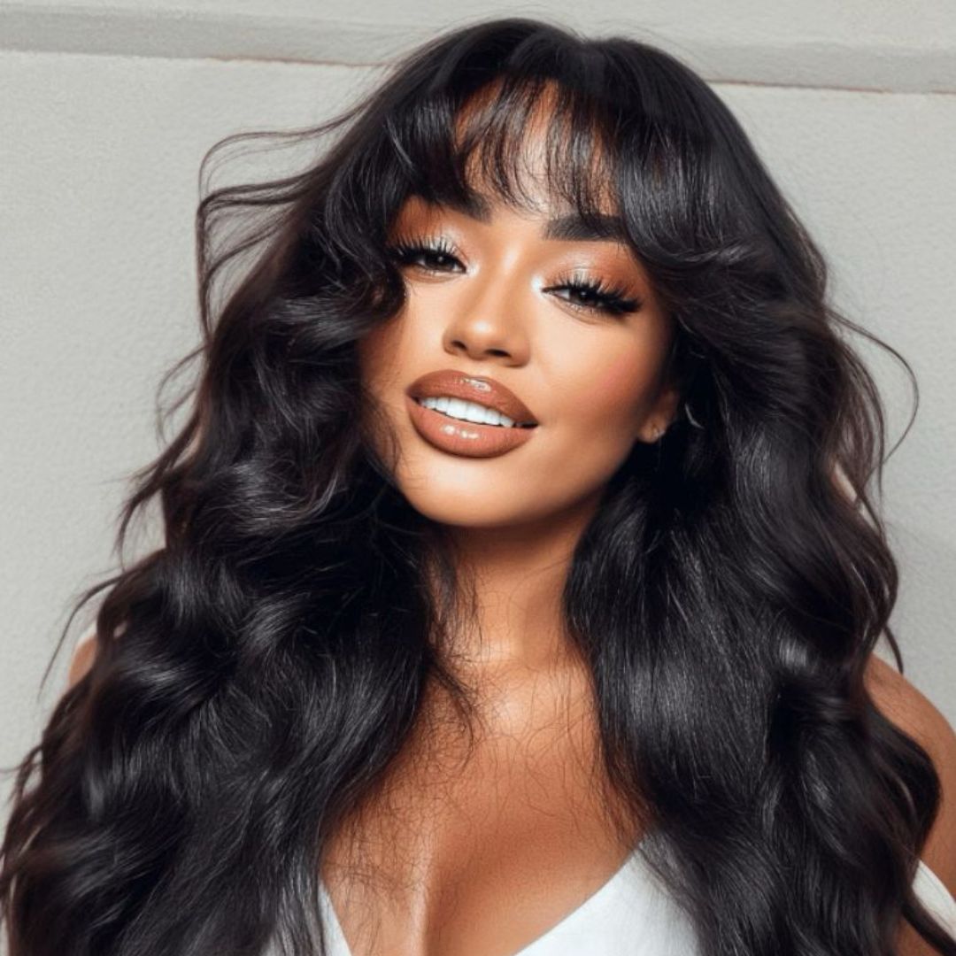 Natural Wavy Black Lace Front Wig with Curtain Bangs, 7x5 Bye-Bye Knots™ and 13x4 Pre-Everything - Lana&Jade Hairs